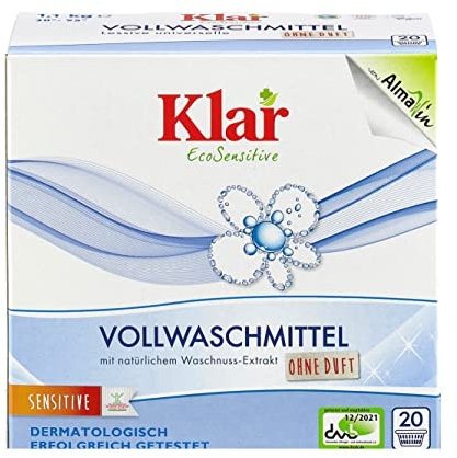 Klar Vollwaschmittel Pulver Sensitive 1,1kg - 20 Ladungen - Allergiker Waschpulver ohne Duft - Bio Waschmittel Pulver mit natürlichem Waschnuss Extrakt - VEGAN & Enzymfrei