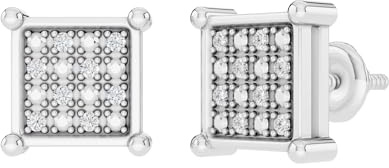 Dazzlingrock Collection 0.10 Ctw Natural Round White Diamond 8mm Square Hip Hop Iced Out Studs in 925 Sterling Silver, Screw Back,Unisex Design Ladies,Mens Real Diamond Earrings