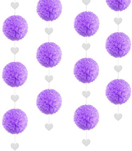 EinsSein 1x Pompons en Papier 3X guirlandes Pendentif cœur 25cm Lilas Boule Papier Boules de Rose Banderole Pompoms Pom poms Porte clefs Decoration Fleurs Anniversaire Table Plan eventail éventail en