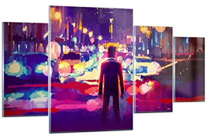 Mehrteilige Bilder auf Glas 160x90cm Glasbild futuristisch Grafik Stadt Beleuchtung Groß XXL Wanddeko Schlafzimmer Küche Set 4 teilige Wandbilder Dekoration Wohnzimmer Modern Wand Art GDL160x90-3189