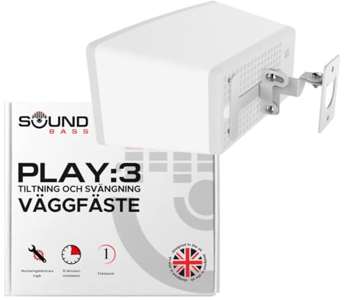 Vitt väggfäste för Play 3, kompatibel med Sonos Play 3, justerbar vrid- och lutningsmekanism, monteringsfästet inkluderar alla fästanordningar