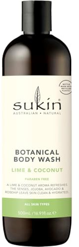 Sukin Soap-Free, Lime & Coconut Botanical Body Wash 500ml - stimulates the senses with zesty citrus & Coconut while leaving skin clean and fresh - with Essential Oils; cruelty free & vegan friendly.