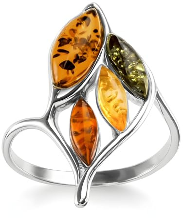 Tri-Colour Amber Sterling Silver Ring – Multi-Stone Yellow, Green, Orange Amber Jewellery – Sizes J-R Available
