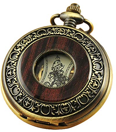 VIGOROSO Men's Hand-Wind Mechanical Pocket Watch Vintage Steampunk Wood Grain Hollow Design with Chain and Box