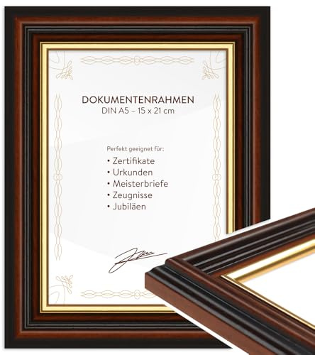 WANDStyle DIN A5 Bilderrahmen Holz, Urkundenrahmen, Meisterbrief Rahmen | Diplom Fotorahmen Braun, Rahmen 15x21 cm, Dokumentenrahmen zum Aufstellen, Vintage Bilderrahmen A5 Holz, H015 Made in Germany