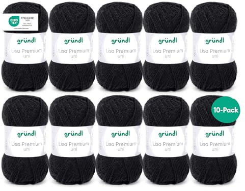 Gründl Laine Lisa Premium uni - Fil pour tricoter - Fil à tricoter - Fil à crocheter - Doux et agréable pour la peau - 100% polyacrylique 10 pelotes 50 g / 133 m - Taille d’aiguille 3,5-4,5 - noir