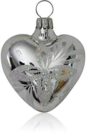 Lauschaer Glas Christbaumschmuck Herzen klein Silber mit weißen Blumen 4 Stück Christbaumschmuck Weihnachtsbaumschmuck mundgeblasen handdekoriert