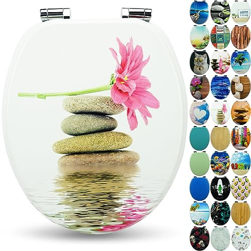 SANFINO® Premium WC Sitz mit Absenkautomatik – hochwertige Toilettendeckel aus Holz, viele bunte Motive, hoher Sitzkomfort, einfache Montage inklusive Montageanleitung – Gerbera