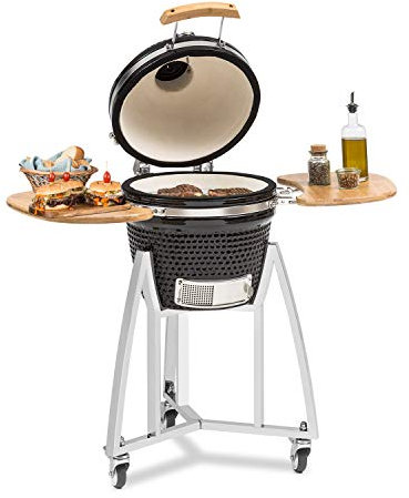 Klarstein Queen Kamado Grill - Barbecue, Grigliare, Cucinare Lentamente o Affumicare, Pannelli Laterali Rimovibili, Materiali: Ceramica, Acciaio Inox, bambù, Termometro 0-450 °C, 3 Ruote, Nero