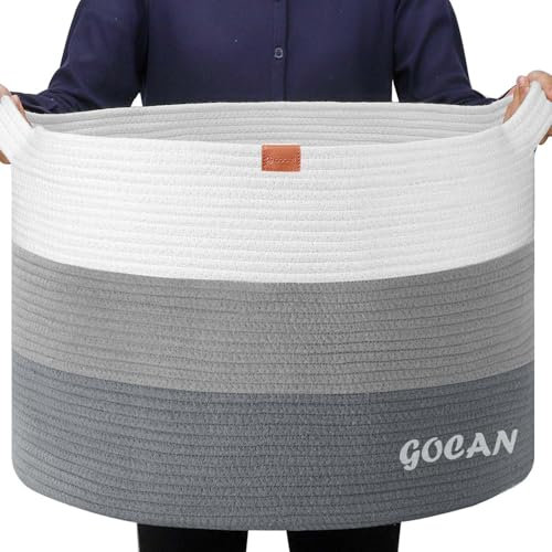 GOCAN Extra großer Deckenkorb Baumwollseilkorb D55 X H35cm Gewebte Wäschekörbe für Decken Aufbewahrungskorb mit Griffen für Spielzeugkissen Wohnzimmer XXXL