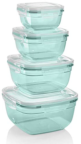 Grizzly 4er Set Frischhaltedosen (0,5L, 0,9L, 1,5L, 2,4L), quadratisch, Kunststoff, 100% luft-/wasserdicht, mikrowellengeeignete Vorratsdosen, Mint