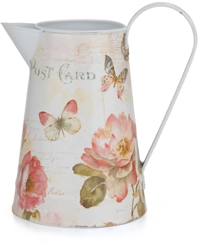 Moritz Deko Gießkanne 20 cm Rosa-blüten – Blechkanne Pfingstrosen Vintage | Schmetterlinge und Post Card Schriftzug, Metallkanne, Trockenblumen Vase, Shabby Chic, Landhausstil, nicht wasserdicht