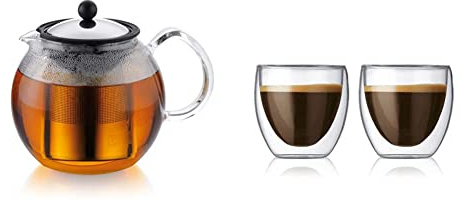 Bodum 1802-16 assam Teebereiter, (French Press System, PermanentEdelstahlfilter),1,5L,shiny & 4557-10 pavina 2-teiliges Gläser-Set (Doppelwandig, Isoliert, Mundgeblasen, 0,08 liters) transparent