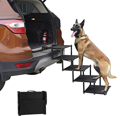 hzexun Outdoor Haustier Hundetreppe für Große Hunde, Tragbare Metall Faltbare Haustier Leiter Rampe mit Anti-Rutsch-Oberfläche für Hochbetten, LKW, Autos und SUVs, Bis zu 59 kg, 5 Stufen