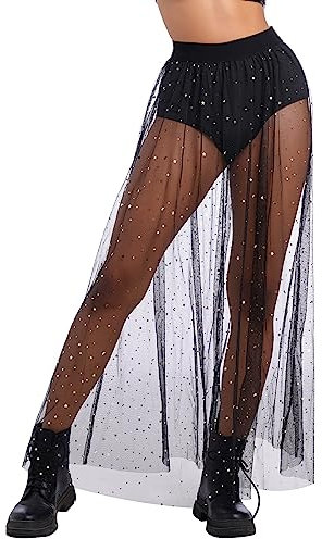 Festival Outfit Damen Rave Techno Sexy 2 in 1 Transparent Mesh Rock Shorts High Waist Maxirock Y2K Glitzer Sterne Pailletten Gothic Tüllrock Teenager Mädchen Party Streetwear Clubwear Schwarz M