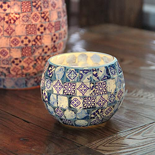 MISNOde Portavelas Tealight Portavelas Perfumado Portavelas de Mosaico de Vidrio Portavelas de Mosaico de Vidrio Azul Y Blanco Patrones Florales Cálido Romántico Textura Artesanal Portavelas Votivas