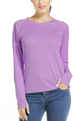 WILLIT Blusa deportiva para mujer, protección solar UPF 50+, camiseta de manga larga, camiseta deportiva Rashguard bañador, correr, natación, senderismo, pesca, tops ligeros, morado, XL