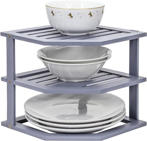 Greenfields 3 Tier Corner Shelf Cabinet Organiser - Plate Rack Countertop for Kitchen, Bathroom, Cupboard, Pantries - Shelf Insert Storage Organisation - Plate Organiser (Grey)
