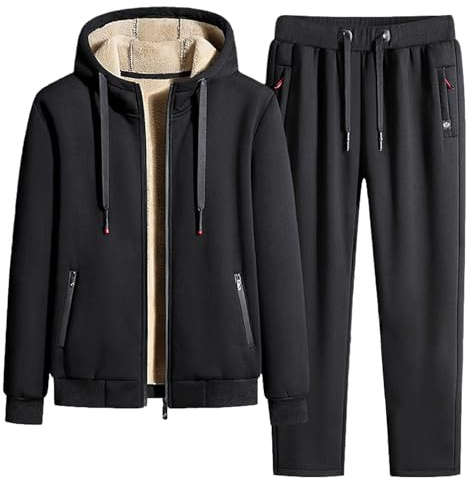Jamron Uomo Inverno Tuta da Ginnastica in Cotone Foderata in Pile Giacca con Cappuccio e Pantaloni Sportivi con Tasche con Zip Fondo Aperto Nero M
