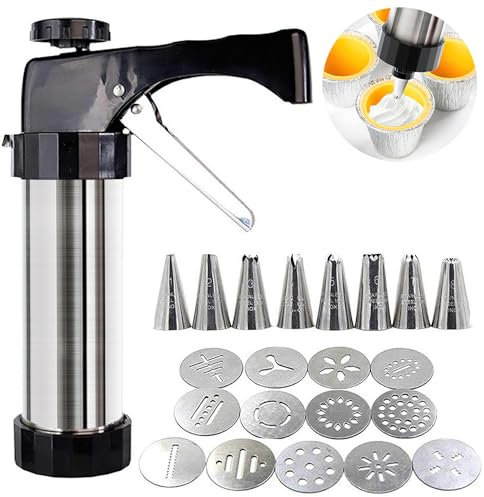 Cimvidi Juego de jeringa para pastelería, prensa de repostería de acero inoxidable con 13 plantillas y 8 boquillas, jeringa de guarnición portátil, prensa de galletas, jeringa de pastelería,