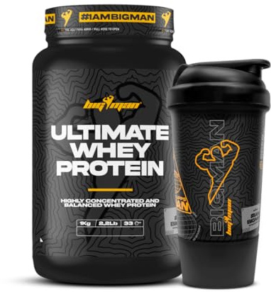 Pack BigMan Ultimate Whey Protein 1 kg + Shaker de REGALO PRO | Aumenta el crecimiento muscular | Entrenamientos intensos | Máxima asimilación (1 KILO, Fresa Platano)