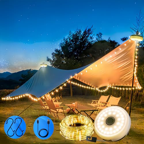 Microwear 10M Camping Lichterkette Aufrollbar - 2 in 1 LED Outdoor Lichterkette & Campinglampe,IP67 Wasserdicht,USB-C Wiederaufladbar,Stimmungslicht für Wohnmobil, Zelt, Wandern