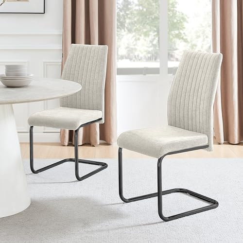Furniturebox UK Lorenzo Dining Chairs - Set of 2 Cream Fabric Upholstered Dining Chairs with Black Cantilever Metal Legs - Vertical Stitching - Modern Kitchen Dining Room Furniture