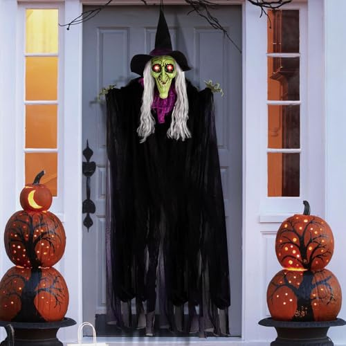 SKOOLOVE 150CM Deko Outdoor Animiert Hexe mit Aktiviertem Ton für Halloween | Hexe mit Aktiviertem Ton und Bewegung, leuchtenden Augen, Dekor für Spukhäuser, Deko Outdoor