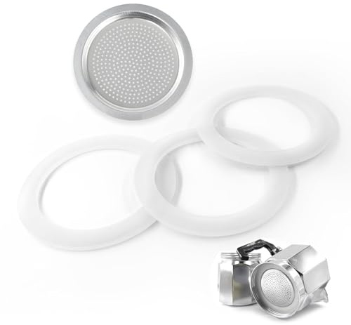 Devantia 6 Tassen Dichtung und Filter für Kaffeekannen - 3 Stück Dichtungsring für Kaffeekannen, mit 1 Stück Aluminium Sieb (3 Silikon-Dichtungen, 1 Aluminium-Sieb)