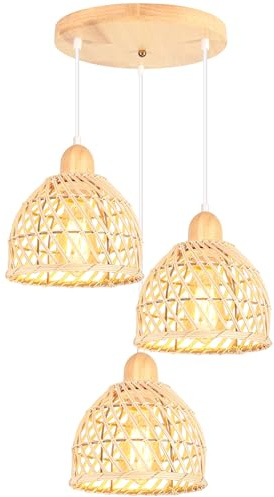iDEGU 3 Hängelampen, modern, Deckenleuchte, aus Holz und Bambus, Spirale, Vintage, E27, Deckenleuchte, Retro, Hängeleuchte, Rattan, für Wohnzimmer, Schlafzimmer, Esszimmer (Kreis)