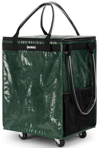 (Medium,Green) Reusable Grocery Bag on Wheels, Foldable Rolling Tote, Carries Up to 66 lbs Shopping Trolley, Zipper Clouser Shopping Carts for Trips, Laundry, 4 Heavy Duty Wheels and 3 Handles