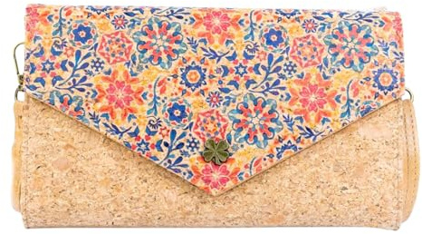 DeCarbonize Damen Kork Crossbody Geldbörse mit Schultergurt Handyhalter aus Kork Veganes Leder Portemonnaie (Blumen)