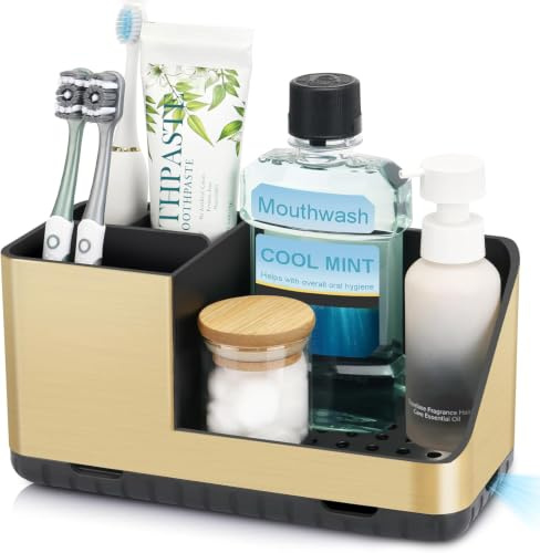 Zahnbürstenhalter für Badezimmer Organizer, Elektrische Zahnbürste Halterung mit Abflussloch, Abnehmbarer Zahnbürsten Organizer für Badezimmer, Küche und Familie (Brushed Gold) | Leicht zu reinigen, Drainage, rutschfest, abnehmbar, für elektrische Zahnbürste und Zahnpasta für Kinder