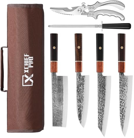 XCHIEF PRO Japanische Messer Set Profi Japan Kiritsuke/Gyutou/Santoku/Nakiri Messer aus Kohlenstoffstahl Handgeschmiedetes Kochmesser mit Geflügelschere&Tragetasche für Küche Camping BBQ