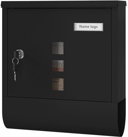 WOLTU Briefkasten Postkasten mit Zeitungsfach Sichtfenstern Namensschild, Wandbriefkasten abschließbar, mit 2 Schlüsseln, modern, Schwarz, 30,5x33,5x9 cm