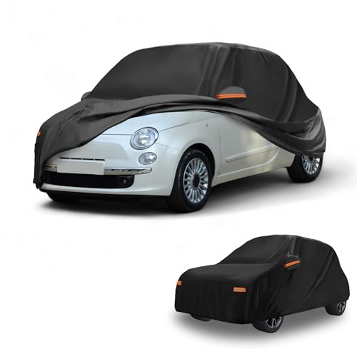 Partuto Car Cover for Fiat 500 2007-2022 Aluminum Film w/Right Side Zipper | Outdoor Waterproof Sun Rain Snow Hail Protection, Aluminum Film, Black, with Right Side Zipper
