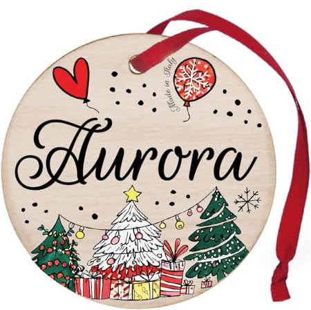 Pallina di Natale Personalizzata con Nome Aurora, cerchetto piatto per Decorazione Natalizia con Nastro Rosso – made in Italy - Addobbo Albero diametro 8 cm in Legno, nome Aurora