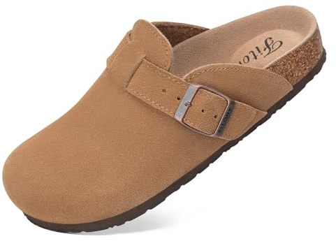 FITORY Damen Clogs Slip-on Potato Shoes Leder Mule Spitze Wildleder Kork Innensohle Braun Größe 40