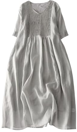 Vestido Midi Mujer Verano Manga Corta Cuello En v Casual Elegante Suelto Vestido Plisado Largo con Bolsillos