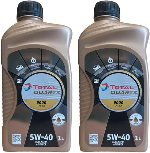 TOTAL QUARTZ 9000 ENERGY - OLIO LUBRIFICANTE PER MOTORI BENZINA E DIESEL E GPL CON VISCOSITA' SAE 5W40 ACEA A3/B4 API SN/CF. TECNOLOGIA AGE-RESISTANCE. CONFEZIONE : 2 LITRI