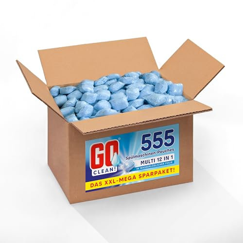 10 kg ca. 555 Sück GO clean! 12-in-1 Spülmaschinentabs - Geschirrspültabs - Geschirrreiniger - Tabs - Pouches 18g in wasserlöslicher Folie. Starke Reinigungskraft gegen Schmutz und Fett.