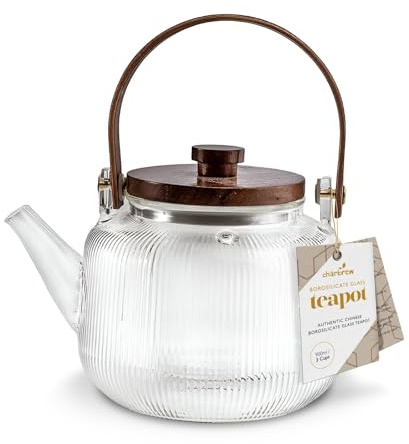 Charbrew 900ml Ribbed Glass Teapot with Infuser - Wooden Handle | Borosilicate Glass, Loose Leaf Tea, Teabags & Blooming Tea, Serves 3.8 Cups