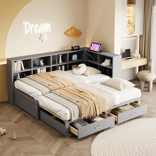 Dolamaní Tagesbett 90/180x190 cm mit Ausziehbett gleiche höhe, Bett ausziehbar zum Doppelbett, Stauraumbett Hozl mit Lattenrost und multifunktionale Euro-Steckdose (Grau)