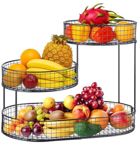 JF HOME BLISS 3-Tier Metal Fruit Basket Large Countertop Fruit & Vegetable Storage Stand for Kitchen Dining Table Space-Saving Organizer for Apples Bananas Onions Snacks Bread (Black)