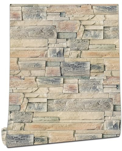 myforHD Papier Peint Auto-adhésif Effet Brique 44cmX300cm Pierre Feuilles Autocollant Amovible Décoratif PVC Vinyle Film Imperméable pour Mur de Cuisine Salon Chambre