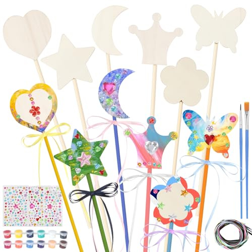 12 Stück Zauberstab Bastelnset, Zauberstab Basteln Kindergeburtstag | DIY Prinzessin, Zauberstab Kinder Holz Bastel für Feen Geburtstag Deko, Party, Geschenk für Mädchen (6 Formen)