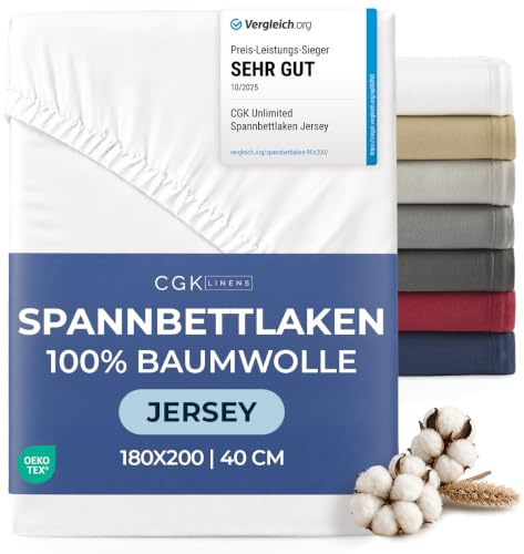 Spannbettlaken Jersey 180x200 - Baumwolle Boxspringbett 40cm tief - Weiß | Spannbetttuch, Rundumgummi, Dehnbar, Weich, Atmungsaktiv, Knitterfrei, Pflegeleicht, Baumwoll-Jersey, Bis 40cm, OEKO-TEX