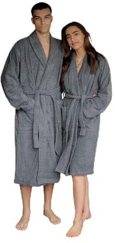 pamuk design ELA Bademantel 100% Baumwolle Frottee Dunkelgrau, Schalkragen, Unisex, Weich, Saugstark, Luxus Bademantel, Herren Damen, Sauna L/XL
