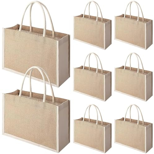 TESIN 8 Stück Jutetasche mit Griffen, Einkaufstasche groß & Wasserdicht, DIY Tragetasche für Damen, Hochzeit, Strand, Geschenke, Shopping