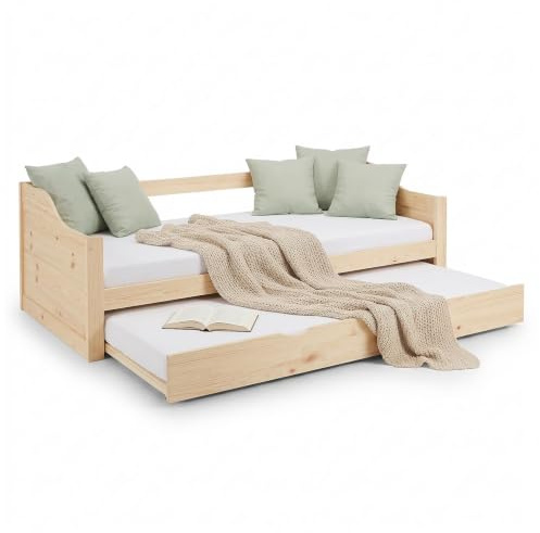 Homestyle4u Kinderbett 90x200 mit Ausziehbett Kiefer Massivholz Natur | Funktionsbett mit Rolllattenrost, stabile Konstruktion und abgerundete Kanten für sicheren Schlaf
